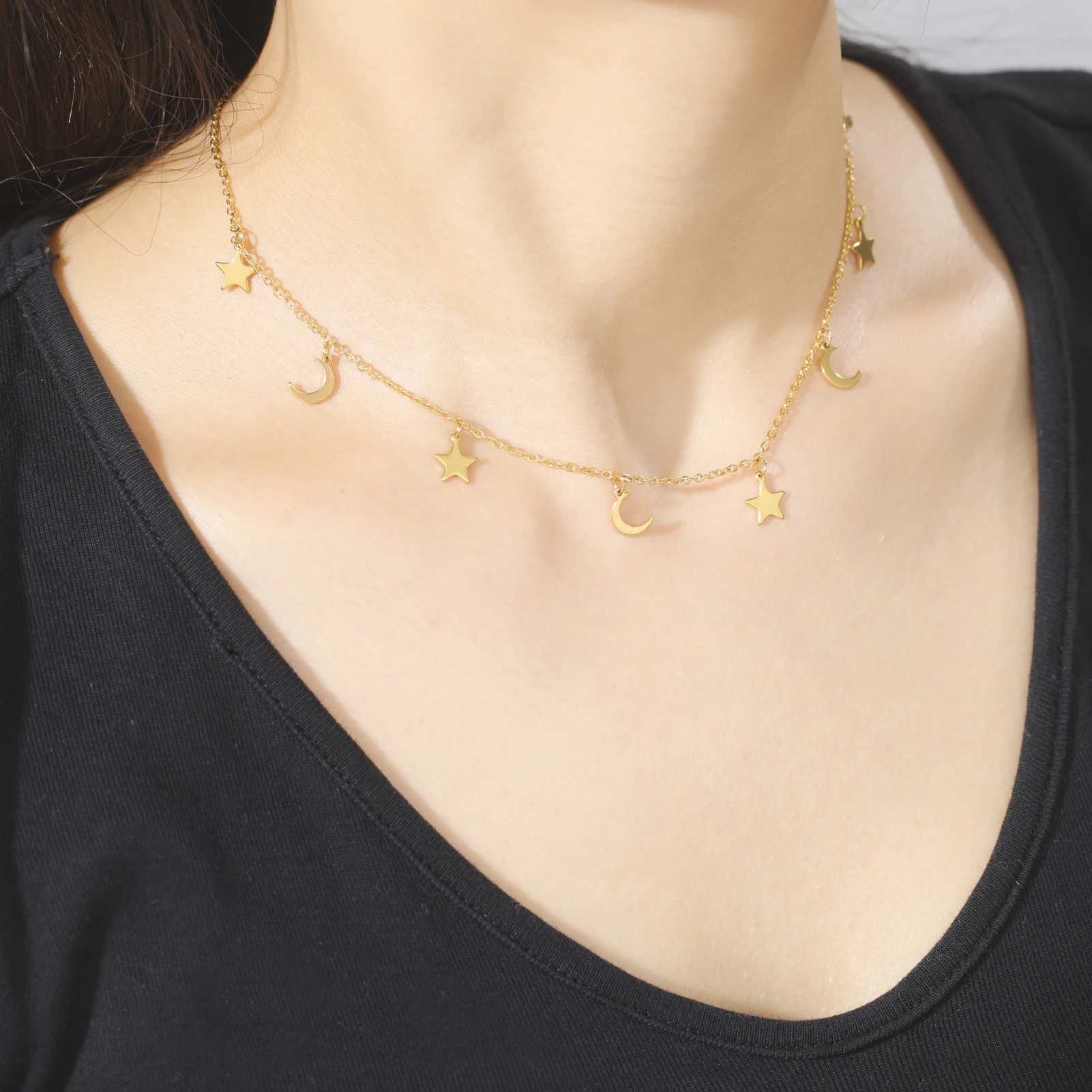 KKjoy Stern-Anhänger-Halskette für Damen, silberfarben, Edelstahlperlen, Doppelketten-Halsbänder, minimalistischer Schmuck, Accessoires, neu – Detail 10