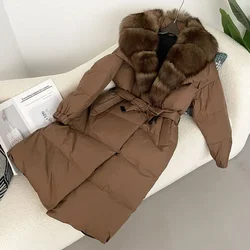 Luxurious 2024 Winter Jacket Women Natural Real Fox Raccoon Fur Collar 90% White Duck Down Coat Thick Warm Belt Casual Outerwear