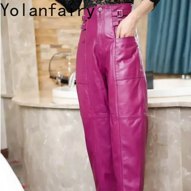 

Real Sheepskin Leather Female High Waist Pants Women's Trousers Spring Autumn 2024 Harem Pants for Women Frau Hosen Zjt2367