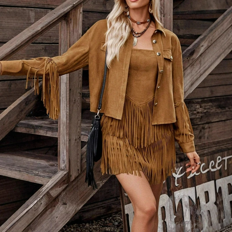 

2026 Spring Autumn New Fashion Shirt Jacket Halter Dress Set Western Tassel Patchwork in European American Retro Style for Women