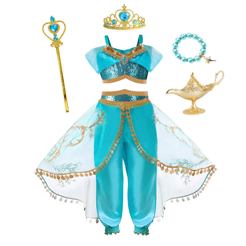 Disney Jasmine Princess Dress for Girls Cosplay Aladdin Magic Lamp Costume Outfit Girls Halloween Kids Carnival Dance Vestidos