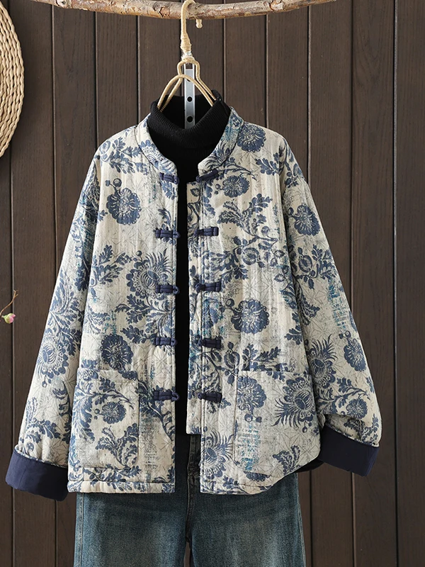 

Женское зимнее традиционное китайское пальто из хлопка Thiened с принтом Тан, воротник-стойка, длинное пальто на пуговицах спереди