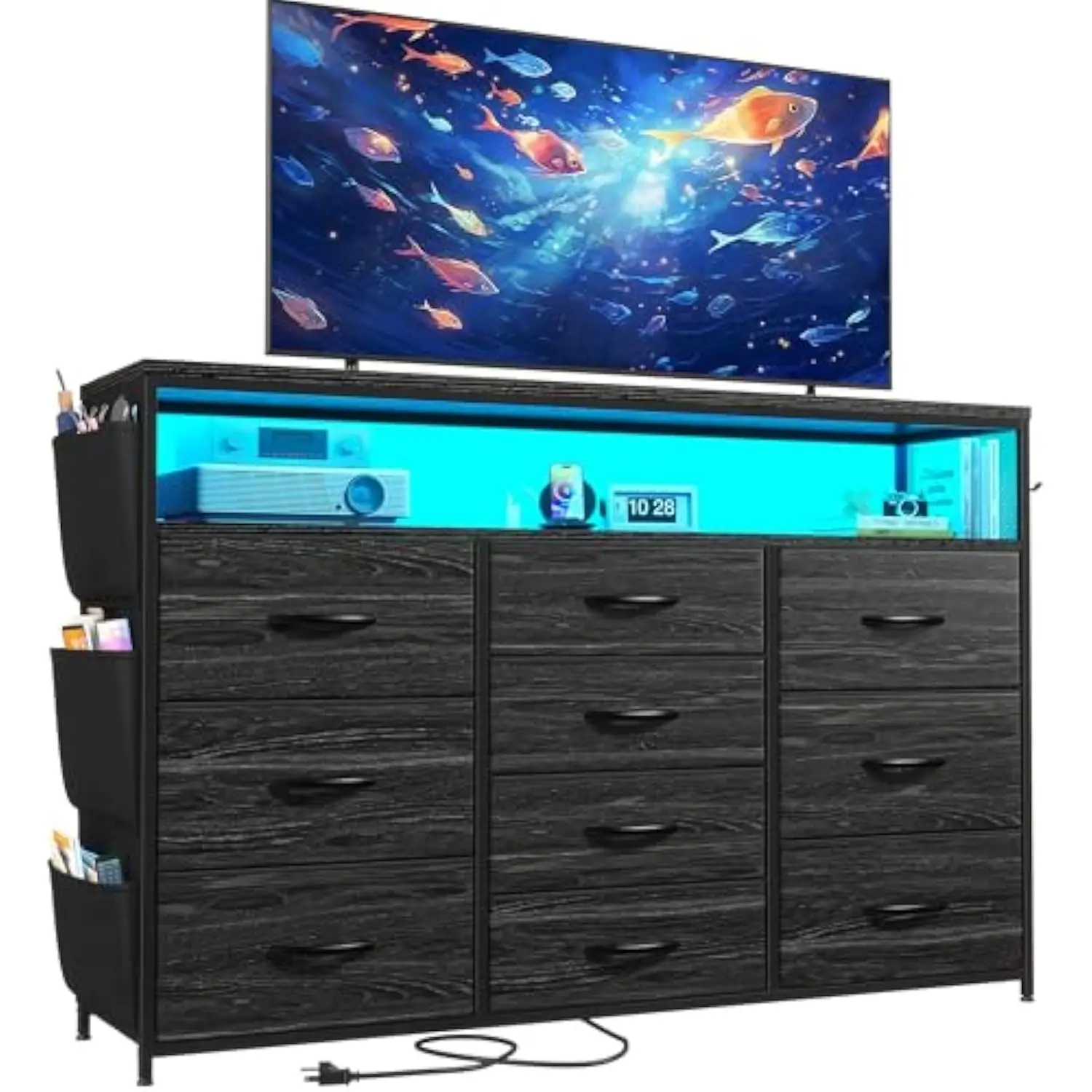 

10 Drawer Dresser for Bedroom with Wood Open Shelves, 55" TV Stand for Bedroom with Power Outlets and LED Lights, Fabric Dresse