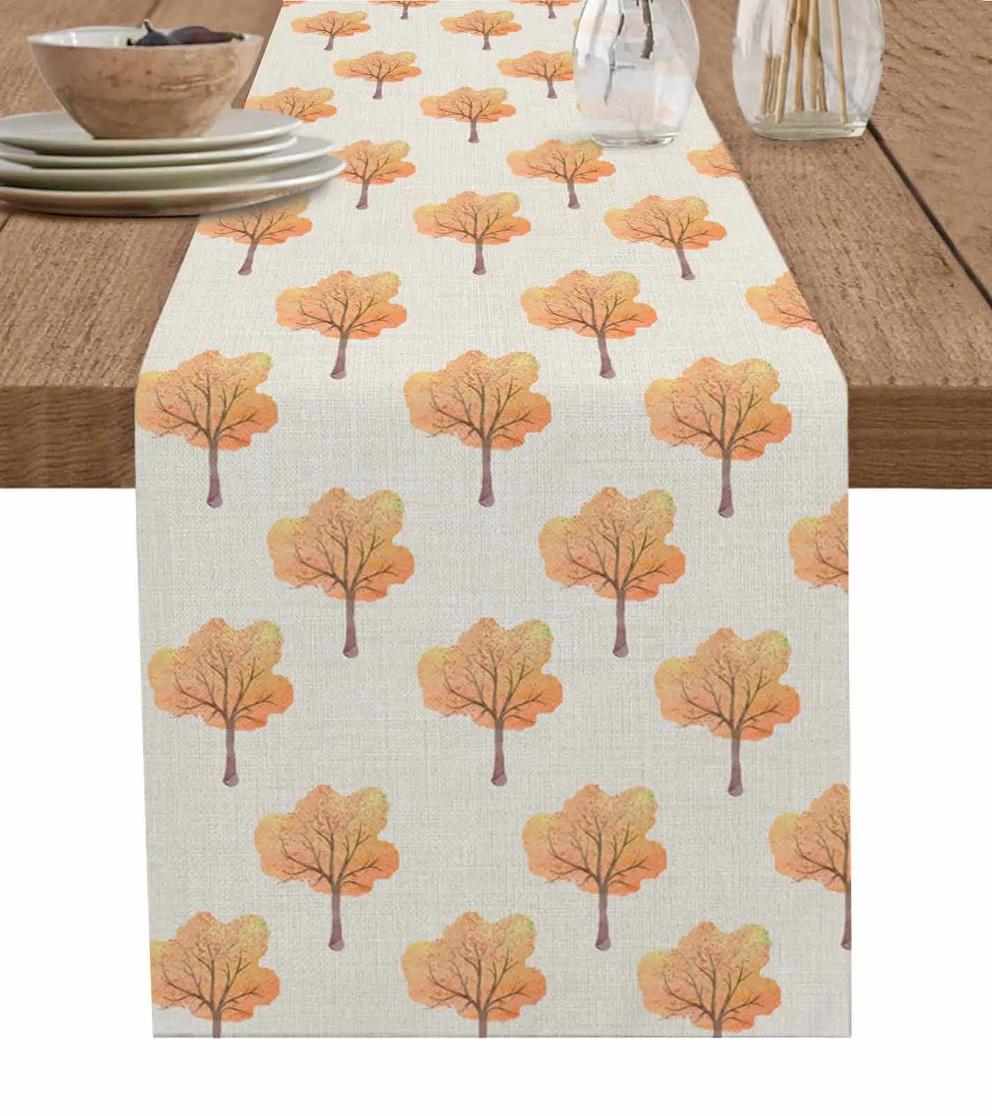 Autumn Watercolor Trees Linen Orange  Wedding Decor Cake Tablecloth and Placemat Holiday Table Decor Table Runner