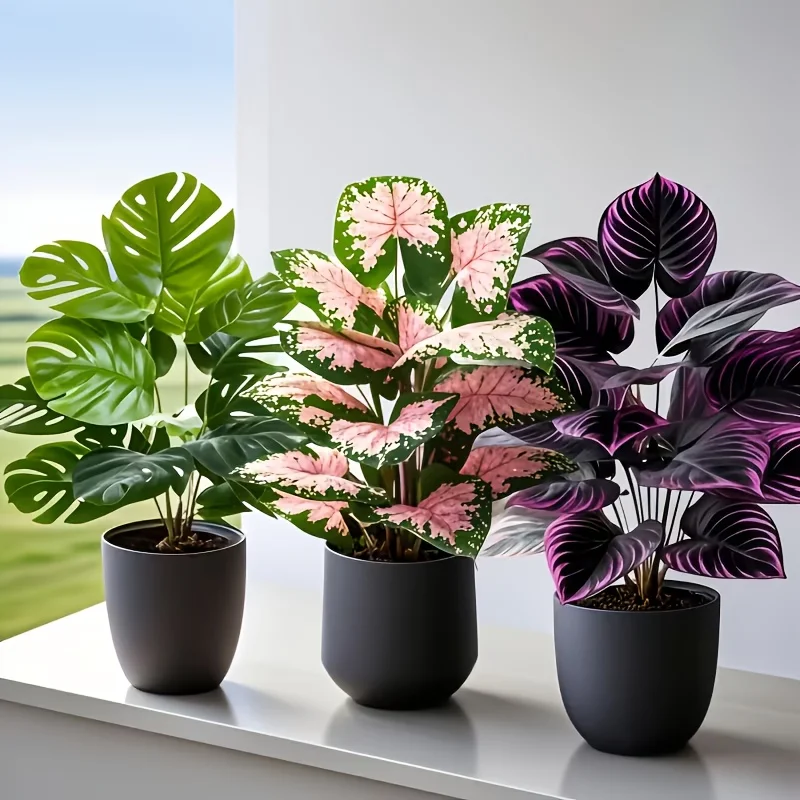 3Pcs Mixed Artificial Plant Set Large Pink Monstera Faux Palm Tree Potted Tropical Plants Plastic Leaves All Season Home Decor