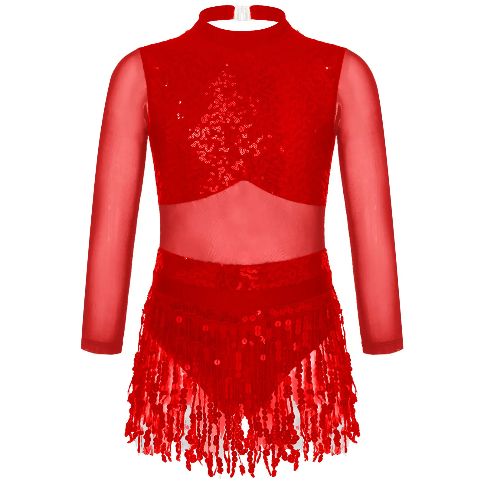 Girls Latin Jazz Modern Dance Performance Costume Sequins Cut Out Back Leotard Tassel Salsa Tango Ballroom Dance Dress Dancewear