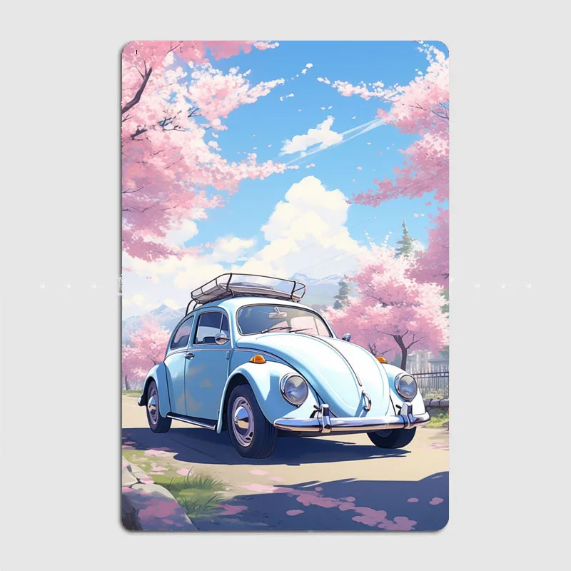 Classic Car Beetle as the cherry blossoms bud Posters Metal Sign Car Club Garage Indoor Room Decor Custom Tin Vintage Home Decor
