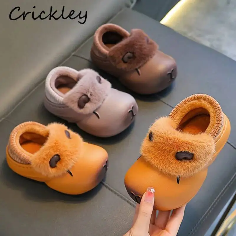 

Capybara Boys Girls Slippers Winter Cartoon EVA Waterproof Children Slippers Warm Plush Bath Anti Slip Kids Family Home Shoes