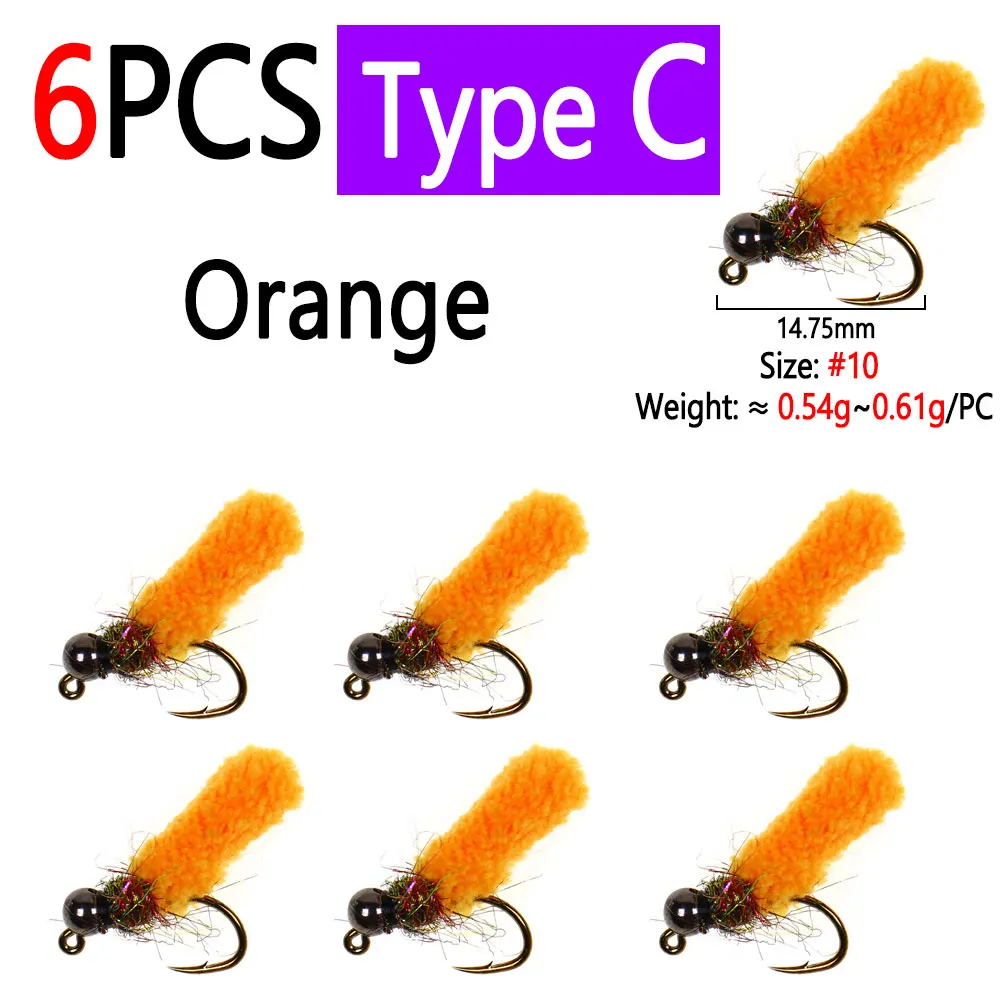 Bimoo 6 Stück Messing-/Wolfram-Kugelkopf-Mop-Fliegen, künstliche Kranichfliegen, Caddis-Larven, Nass-Jig-Nymphenfliegen für Forellen- und Fischgrälfischerei