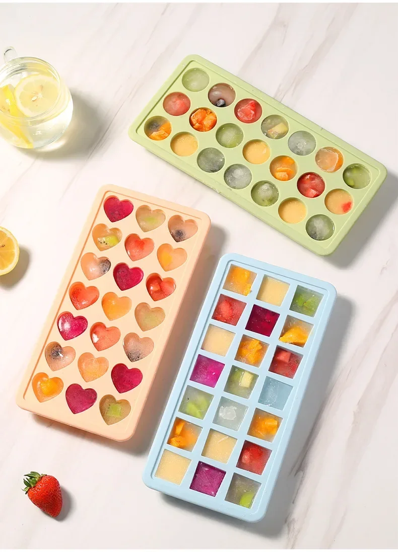 نمط جديد كامل سيليكون آيس كيوب صانع أدوات المطبخ اكسسوارات شكل قلب 21 شبكة آيس كيوب قالب صينية مع غطاء PP