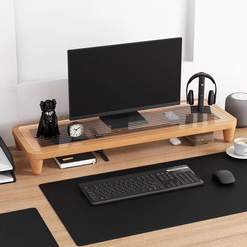 Desk Riser Monitor Stand with Bamboo Platform, Adjustable Holder and Storage Shelf for Office Workstation Computer Desk