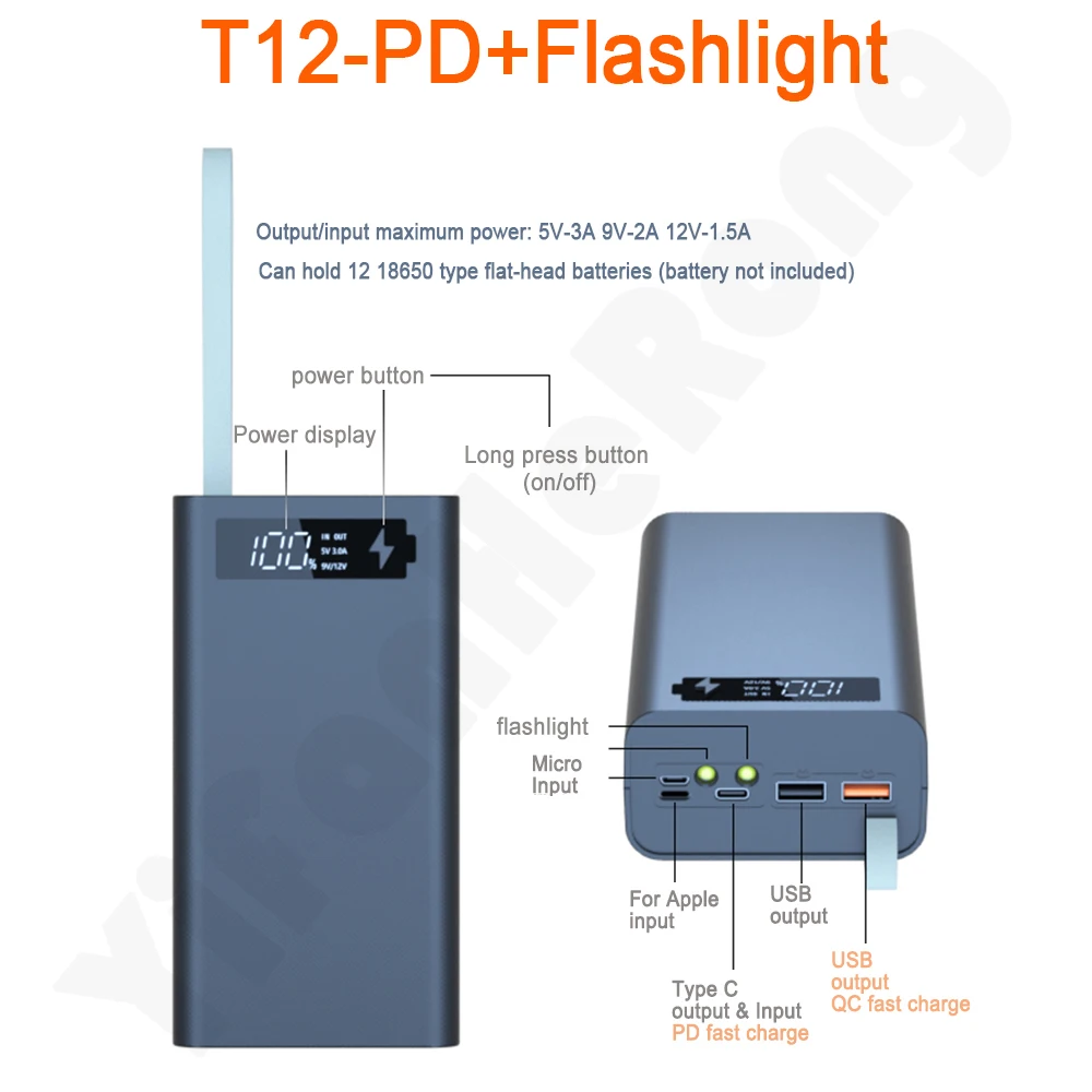 PD QC3.0 DIY 12x18650 Battery Power Bank Welding Free Battery Storage Box DIY Power Bank with LCD Display for Mobile IPhone