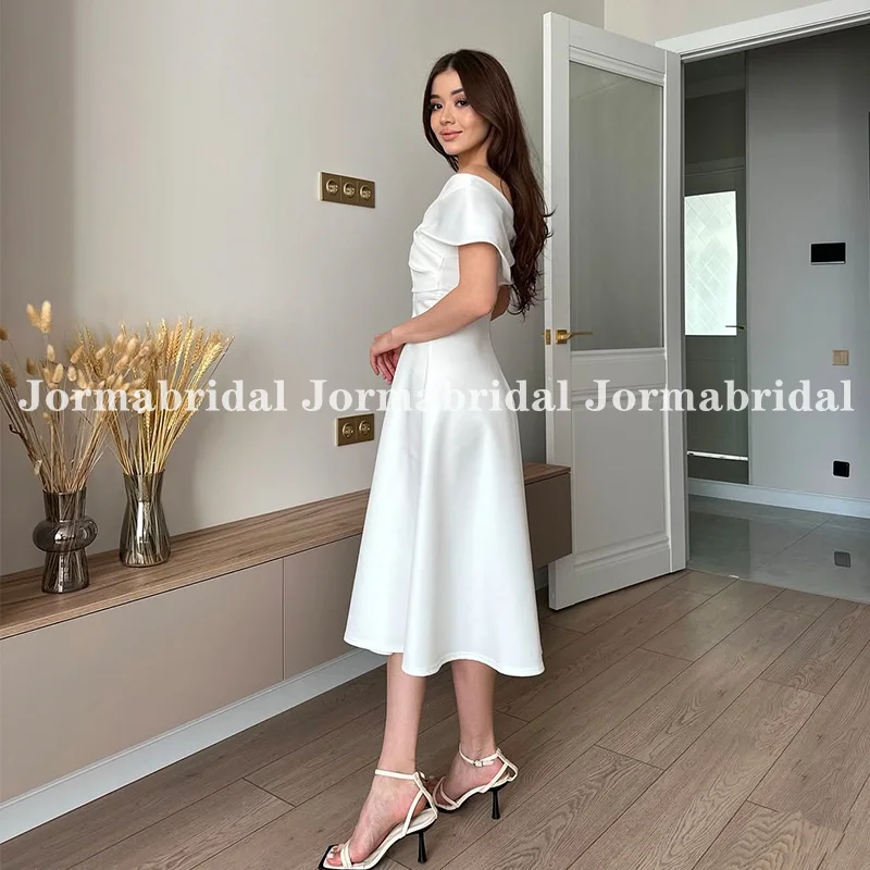 サテン ドレープ オフショルダー ティーレングス ウェディングドレス 女性用 ホワイト アイボリー Aライン ショート シティホール ブライダルドレス カスタマイズ 2026