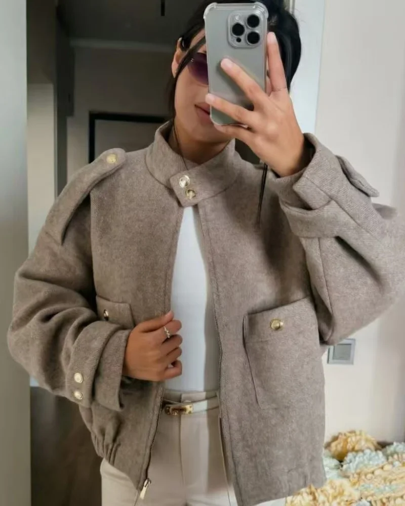 Women's jacket 2026 Autumn new fashion French-style stand collar wool-blend jacket in five colours with long sleeves