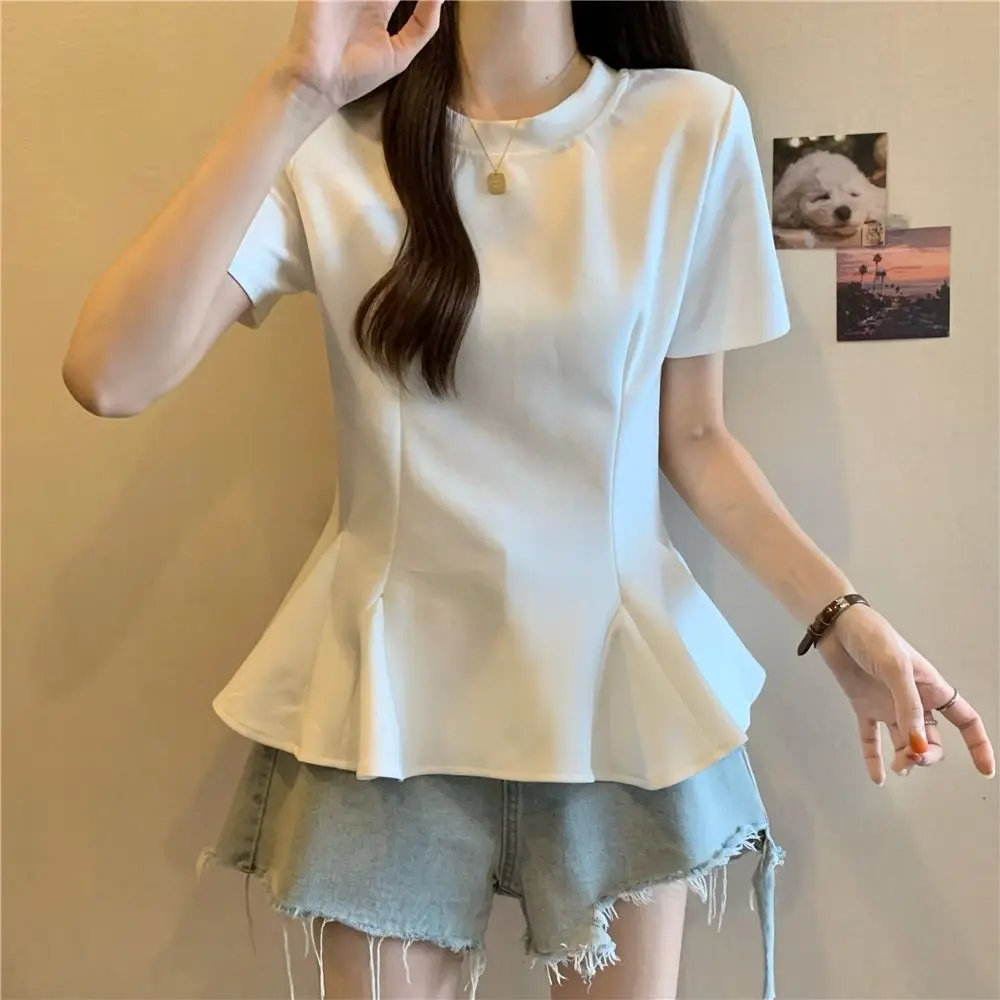 T-shirt short-sleeved women's summer new plus size women's belly cover stitching design slim chic loose lotus leaf top