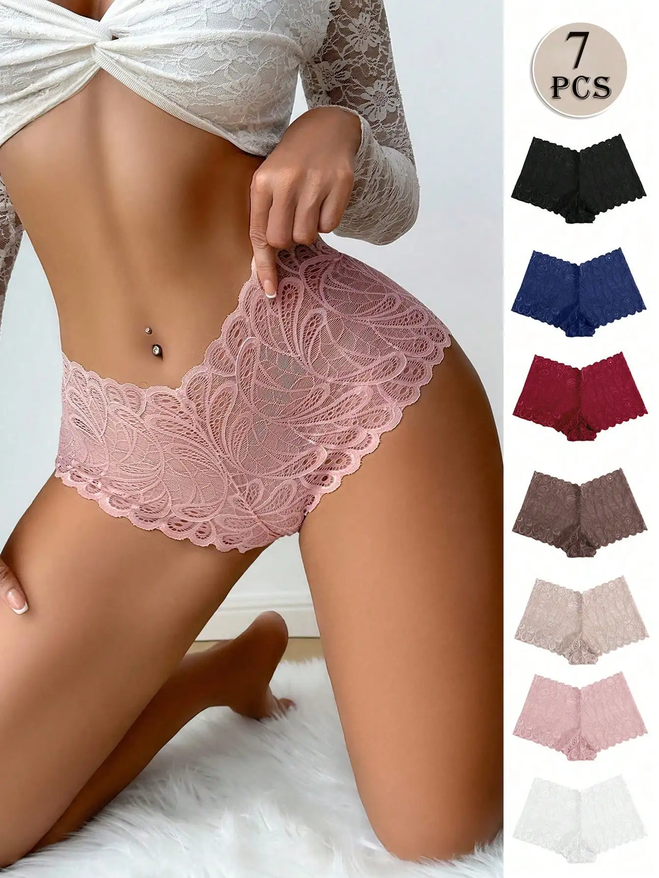 7Pcs Women Floral Hollow Lace Boy Shorts Wide Elastic Waist Anti-Ride Safety Underwear Anti-Chafing Under Skirt Panties