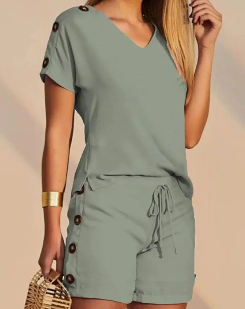 Casual Two Piece Set for Woman Summer New Sports Set Solid Color V-Neck Button Short Sleeved T-Shirt Drawstring Tie Shorts Set