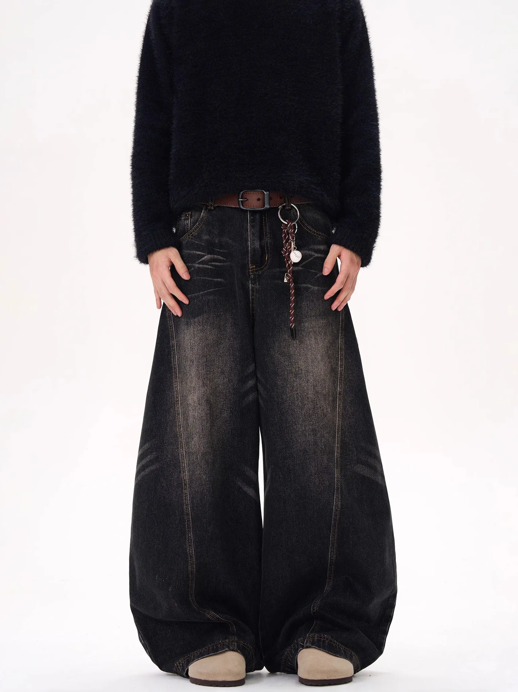 

Retro American Washed Black Knife Jeans Men's Loose Wide Leg Draped Feeling Worn - in Jeans Casual Youth Popular