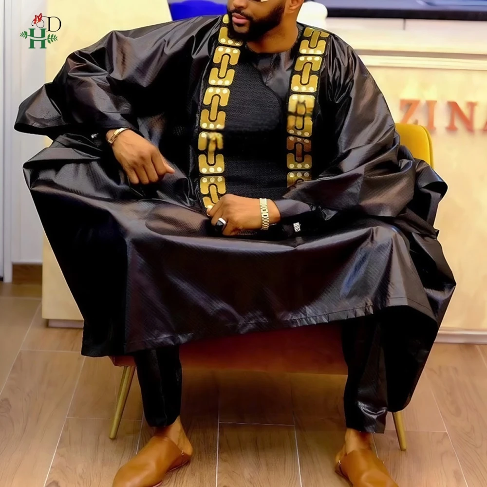

2026 African Clothing For Man Traditional Agbada Sets 2PCS Black Bazin Riche Shirt Pant Embroidery Wedding Party Suits Plus Size