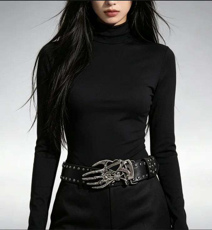 Harajuku Gothic Y2K Embossed Skeleton Hand Decoration Halloween Punk Skull Plus size Leather Belt For women and men Accessories