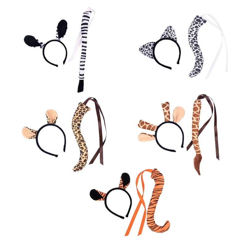 

652F Leopard Giraffe Ears Headband Tail Set Handmade Animal Costume Set Cartoon Costume Halloween Cosplay Accessories
