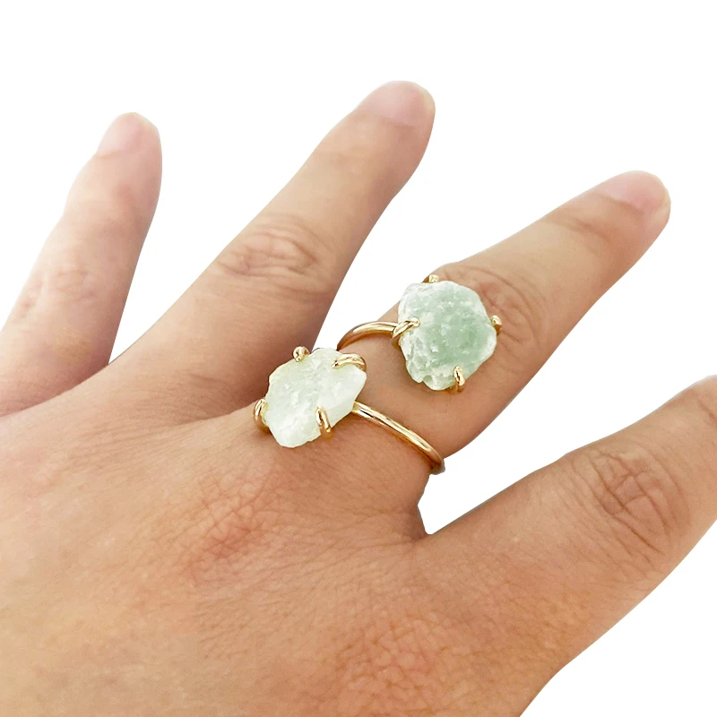 Irregular Green Aventurine Open Ring for Women Girls Claw Setting Gold-color Boho Rough Natural Stone Finger Jewelry Resizable