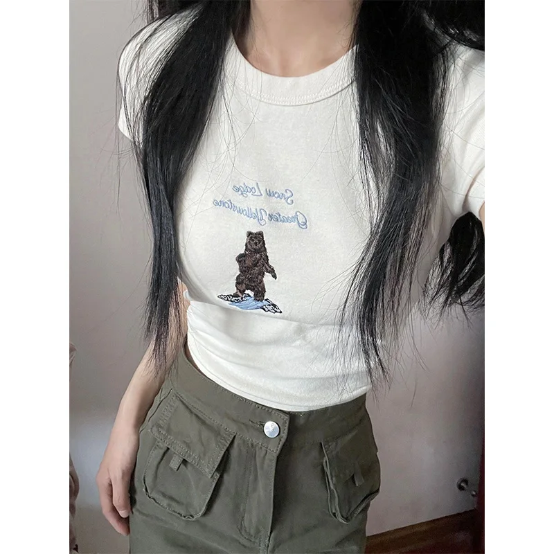 Reine Baumwolle ort Sve besticktes T-Shirt Damen Sommer Slim Fit Sli Weiß Oulder Länge Trendy Top Ins Sle