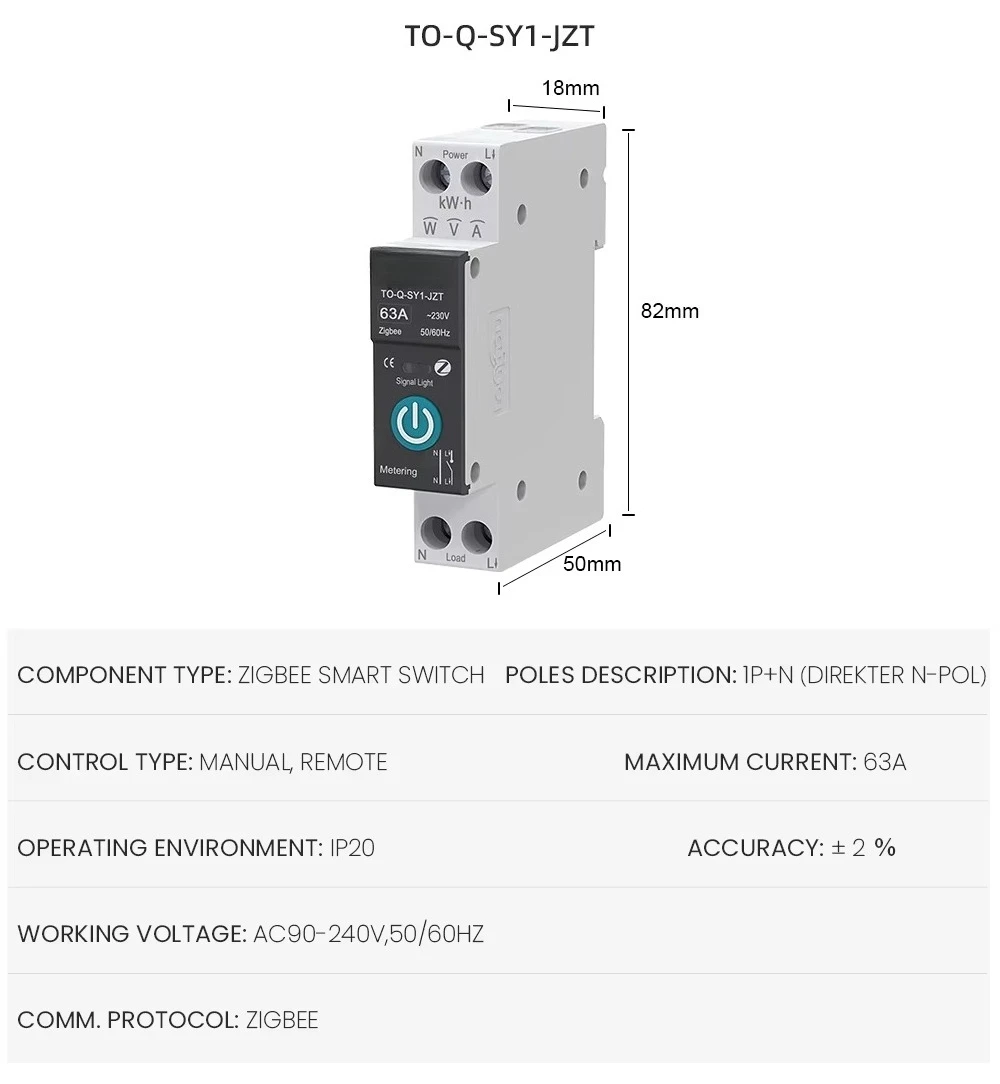 Mini interruttore automatico API Zigbee Smart Life 1P 63A con contatore di energia con telecomando wireless