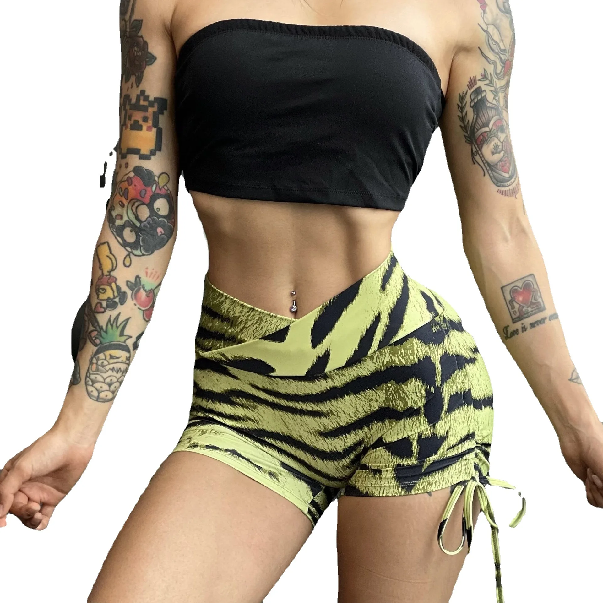 Sexy Tiger skin Printed Drawstring Sports Shorts For Women Summer High Waist Buttock Lifting Tight Slimming Yoga Fitness Shorts