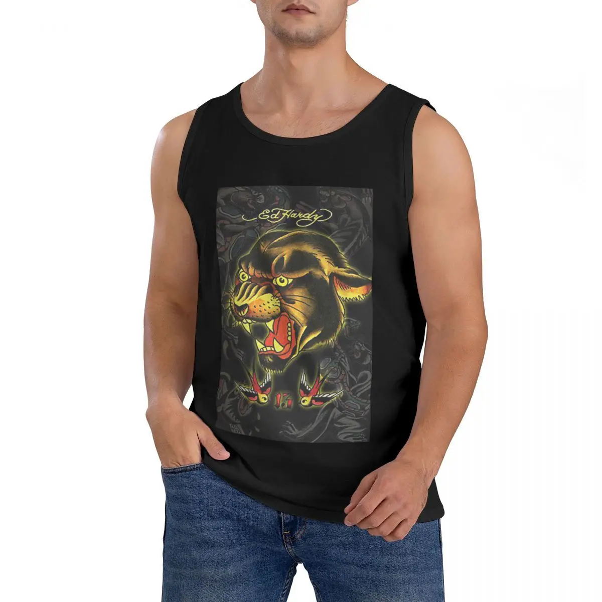 Camiseta sin Mangas 100% Algodón Ed-hardy con Diseño de Calavera de Tigre, Ropa Deportiva para Hombre, Camiseta Deportiva con Cuello Redondo para Hombre