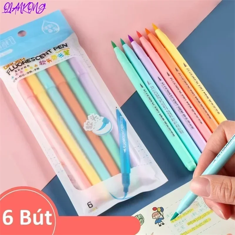 

6 colors Soft Brush Fluorescence Pen Set Pastel Markers Brush Set Art Color Highlighter Calligraphy pens Stationery Supplies