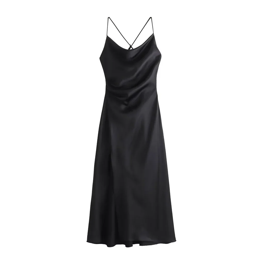 

LIBIELIY LIBIELIY 2025 Spring/Summer New European And American Style Draped Collar Silk Satin Texture Suspender Slit Midi Dress
