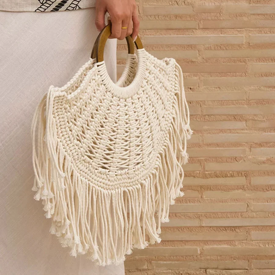

New Fan-shaped Crochet Woven Underarm Bag for Women Vacation Hollow Wooden Handle Shoulder Bag Cotton Tassel Top Handle Handbags