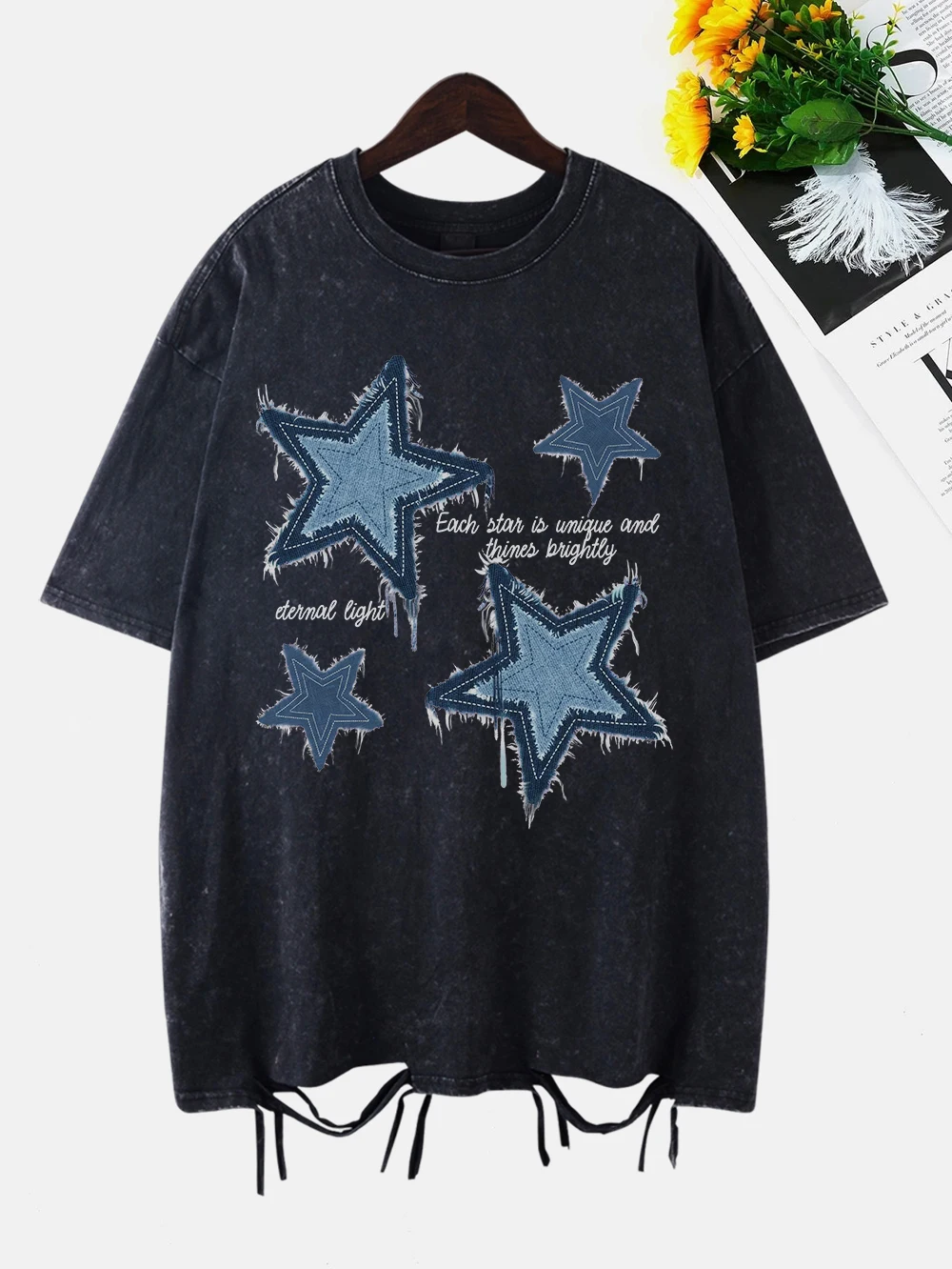 Imitation Denim Star Pattern Prints Washed T Shirts Womens Cottont-Shirt Oversize O-Neck Short Sleeve Tops Summer Womans Clothes