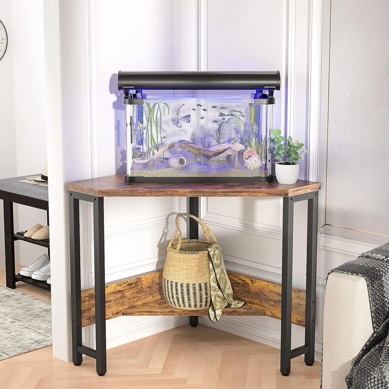 Corner Small Desk with Outlets Corner Table for Small Space Industrial Computer Desk with USB Ports Triangle Desk with Storage f