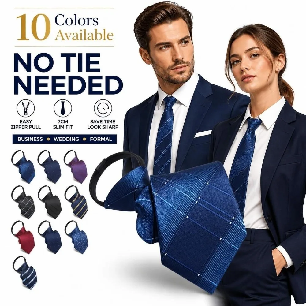 No-Tie Easy Zipper Tie with Elastic Band Multi-Color Easy Pull Lazy Tie 7cm Width Plaid Pre-Tied Zipper Necktie Formal Office