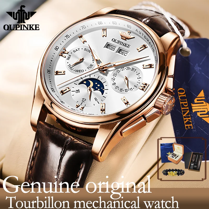 

OUPINKE moon phase men's watches multi-functional Leather strap Automatic mechanical watch for man date business male wristwatch