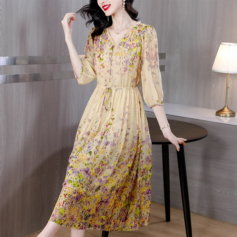 2023 Women's Yellow Silk Beach Resort Style Long Sleeve Skirt V-Neck Flower Print Waist Shrinking Long Dress Summer Loose Robe