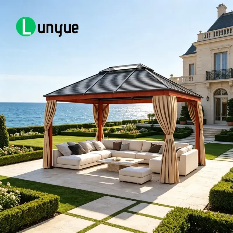 Modern Wood Grain Iron Gazebo 3.6x4.6m With Curtains Outdoor Garden Patio Shaded Canopy For Courtyard Backyard Durable