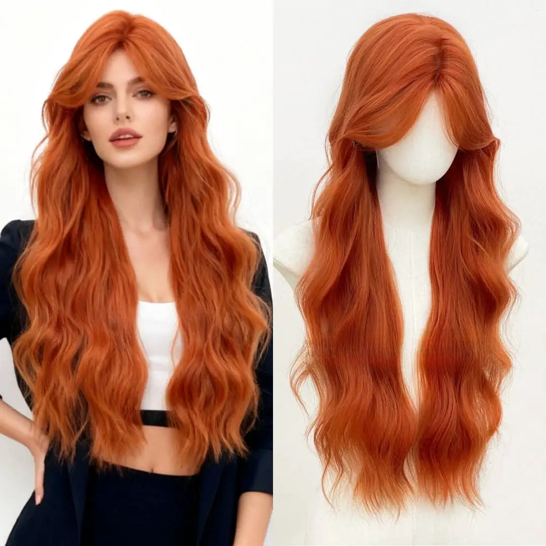 

Long Orange Curly Wavy Wig with Curtain Bangs Cosplay Costume Halloween Synthetic Red Copper Wig for Women Girls Heat Resistant
