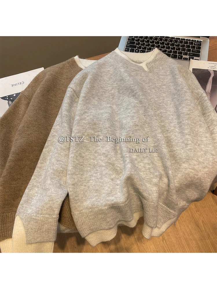 Loose Casual Fake Two Pieces Women Vintage Knitwear Jumper O-neck Long Sleeve Knit Pullover Sweater Autumn Winter Harajuku Chic