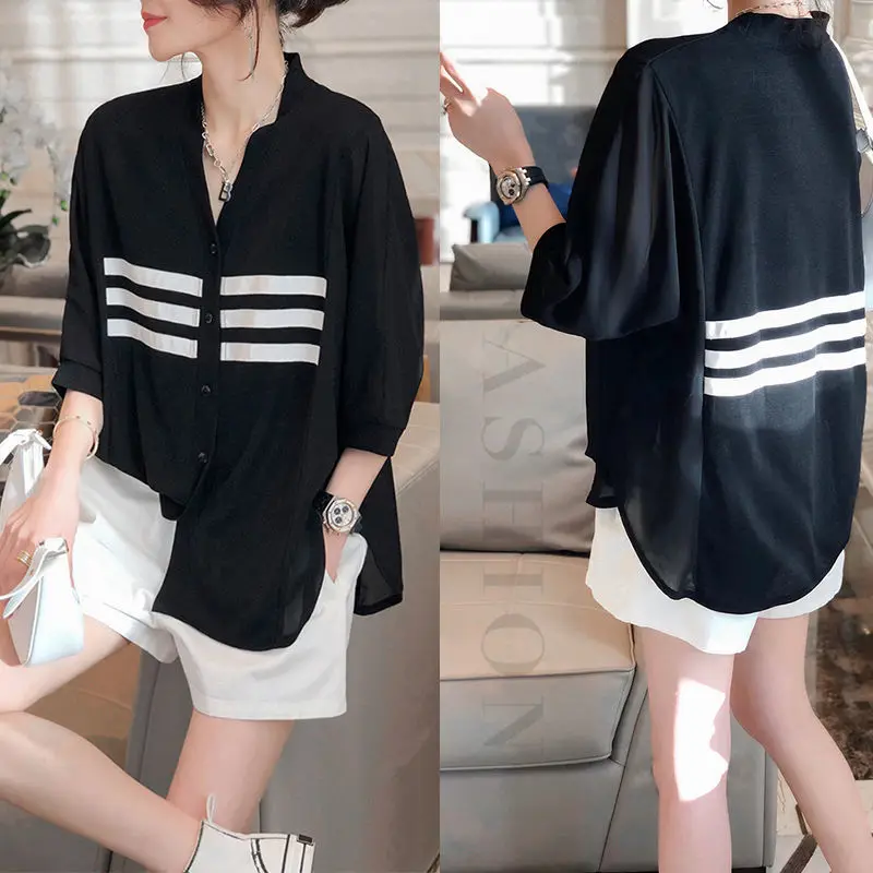 

Streetwear Striped Patchwork Midi Blouse Three Quarter Spring Summer Women's Clothing V-Neck Casual Single-breasted Loose Shirt