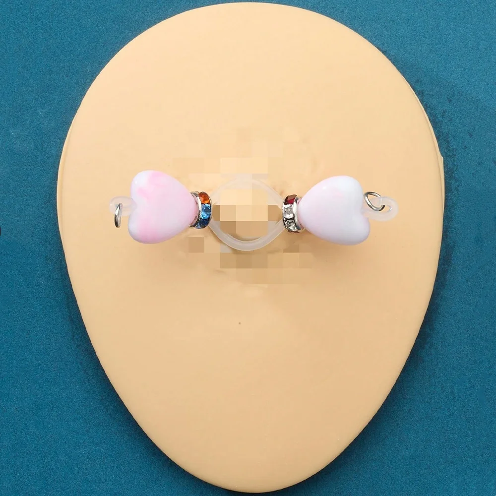 1Pair Fake Nipple Rings Adjustable Nipple Silicone Nooses 8mm Heart Beads Fake Nipple Jewelry Faux Nipple Piercing - view 3