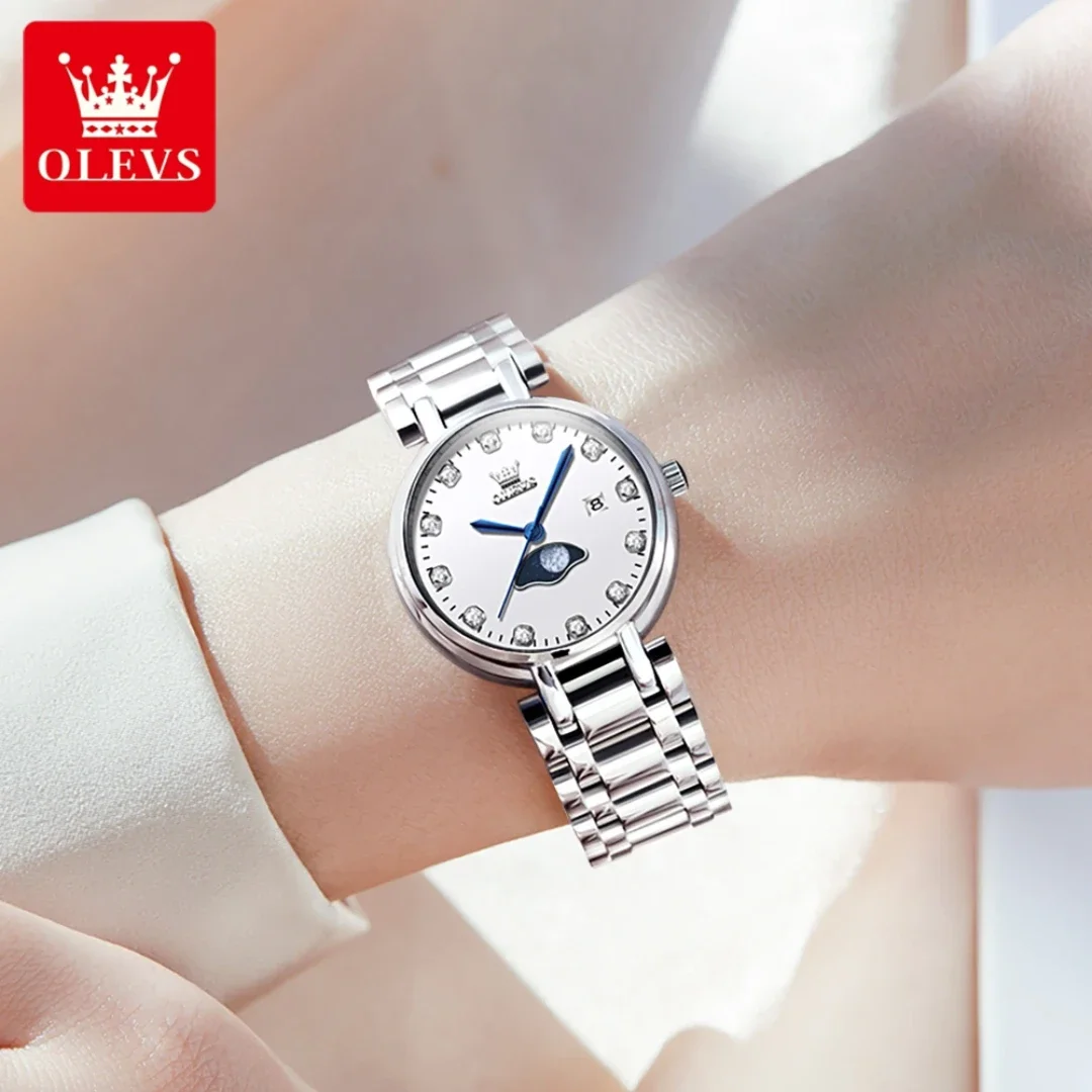 OLEVS 5573 Fashion Quartz Watch Round dial Stainless Steel Moon Phase