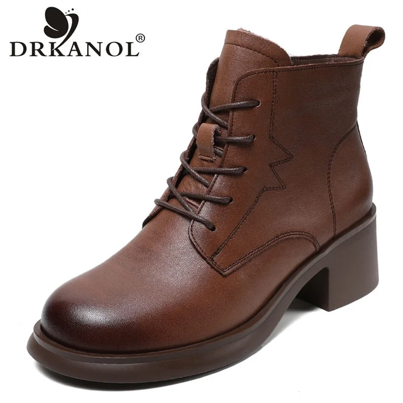 DRKANOL 2024 Fashion Women High Heel Short Boots Handmade Retro Genuine Leather Ankle Boots For Women Winter Warm Shoes H233312Z