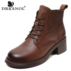 Dkanol 2024 modne damskie krótkie buty na wysokim obcasie ręcznie robione buty do kostki ze skóry naturalnej Retro dla kobiet zimowe ciepłe buty H233312Z