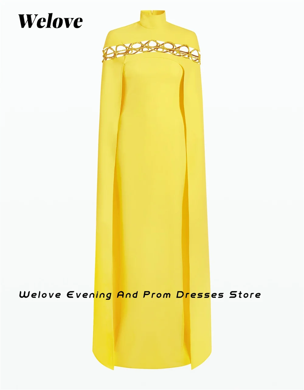 Welove High Collar Womens Dresses Rhinestones Column Gown 2023 Cape Shawl Floor Length Dresses for Prom