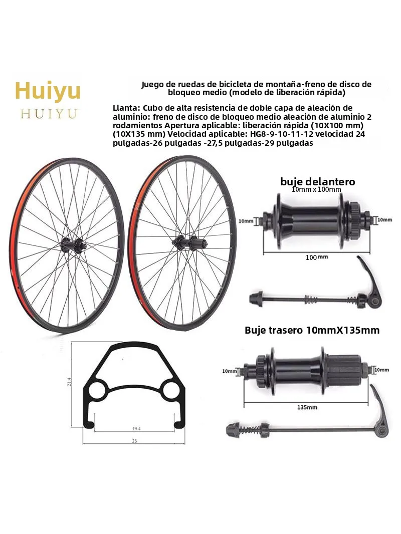 Juego de ruedas para bicicleta de montaña Huiyu de 24 y 26 pulgadas, llanta de aleación de aluminio con freno de disco, númer...