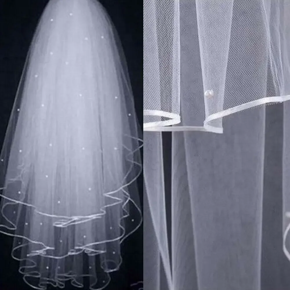 

Newly Arrivals 3 Tier White Ivory Short Wedding Veil with Comb Pearl Fingertip Bridal