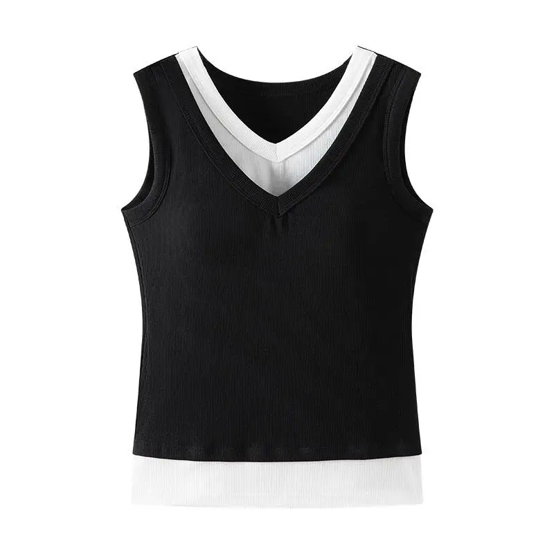 カラーブロック Vネック タンクトップ レディース 春夏 着痩せ インナー 胸パッド付き アウター ベースシャツ ノースリーブ
